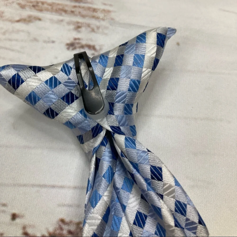 Clip-On Tie Blue & White Stripes with Boxes Sz YSL